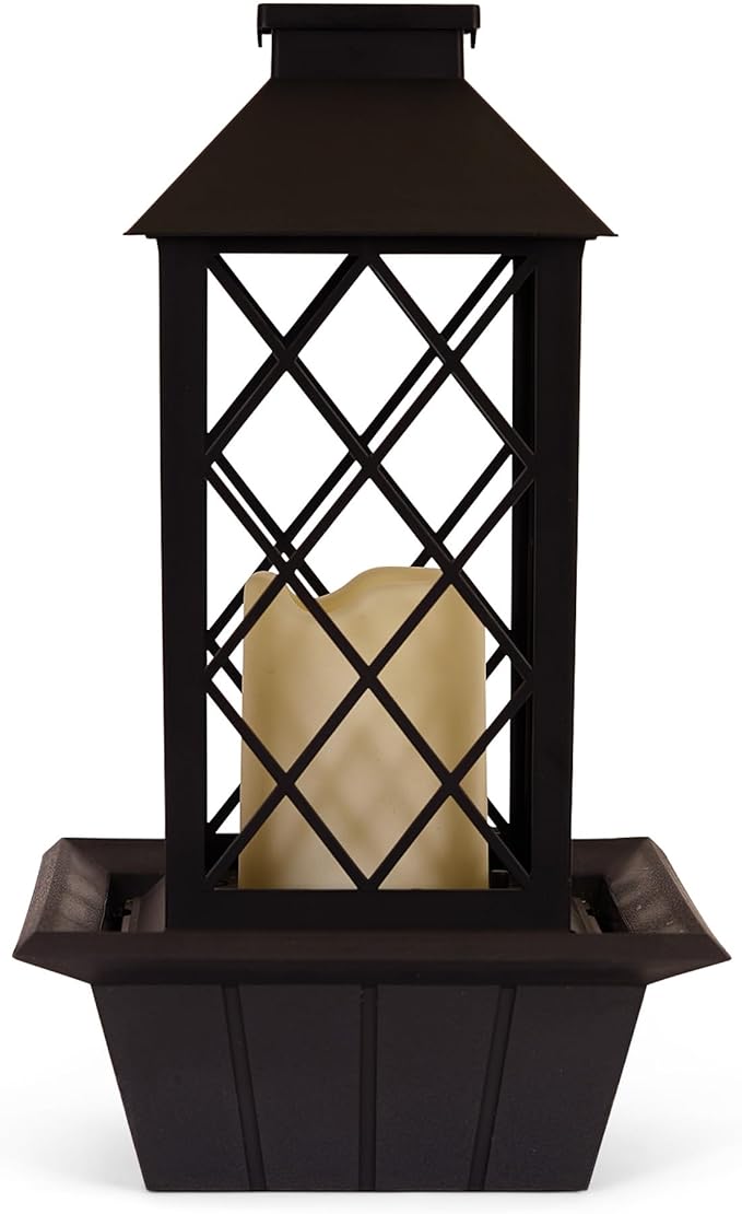 Zingz & Thingz Water Feature Tabletop Fountain Candle Lantern, Decorative Light Home Decor, 13.5" Tall, Black - Bloomnest