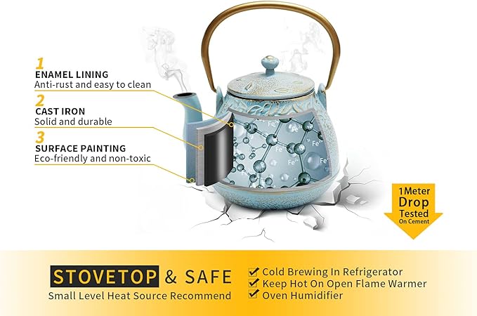 Tea Kettle, TOPTIER Japanese Cast Iron Tea Kettle with Infuser for Loose Leaf and Tea Bags, Stovetop Safe Cast Iron Teapot Coated with Enameled Interior for 40 oz (1200 ml), Turquoise Blue - Bloomnest