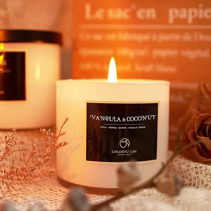 Chloefu LAN Vanilla & Coconut Scented Candle Sets Luxury Soy Jar Candle 7.1oz|45 Hour Long Lasting Burn Highly Scented Valentines Gifts for Men & Women All-Natural Soy Wax Candle 2 Pack - Bloomnest