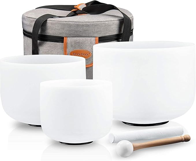 Ryan Dvan 8-12 Inch Set of 3 Forested Quartz Crystal Singing Bowl Chakra Set with Free 1 pc Carrying Case - Bloomnest