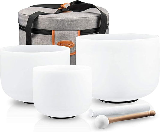 Ryan Dvan 8-12 Inch Set of 3 Forested Quartz Crystal Singing Bowl Chakra Set with Free 1 pc Carrying Case - Bloomnest