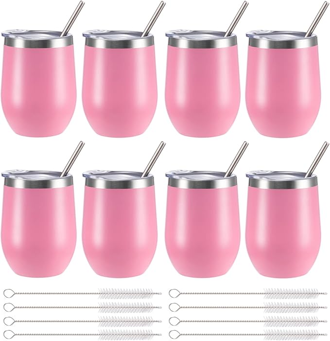 12 oz Insulated Wine Tumbler with Lid and Straw,Stainless Steel Stemless Wine Tumbler Glasses Double Wall Vacuum Wine Cups Tumbler Bulk for Coffee,Champaign,Cocktail,Office(Pink,8) - Bloomnest