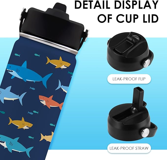 Shark Gifts for Kids 16 oz Kids Water Bottle with Straw Lid, Stainless Steel Insulated Tumbler, Leak Proof, BPA - Free, Cool Shark Pattern Mug for Travel, Daily use(1pc) - Bloomnest