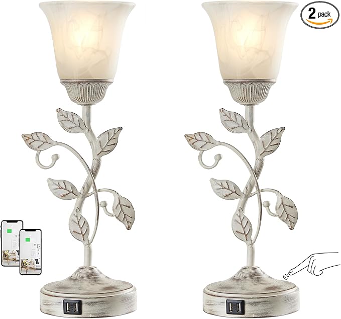 RORIANO Set of 2 Rustic Touch Table Lamps for Bedroom, 3-Way Dimmable Nightstand Flower Lamp with 2 USB Ports, Retro White Glass Shade Leaf Lamp for Living Room Entryway, 2 LED Bulb Included - Bloomnest