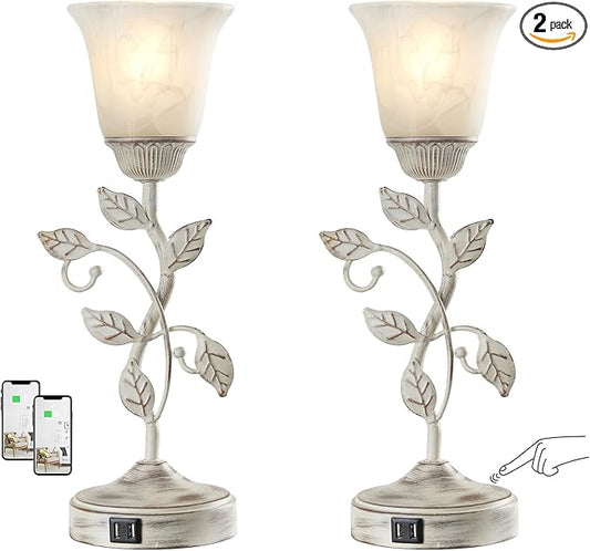 RORIANO Set of 2 Rustic Touch Table Lamps for Bedroom, 3-Way Dimmable Nightstand Flower Lamp with 2 USB Ports, Retro White Glass Shade Leaf Lamp for Living Room Entryway, 2 LED Bulb Included - Bloomnest