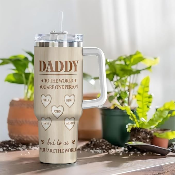 Personalized Dad Tumbler with Handle – Custom Name Mug with Heart Design – You Mean the World to Us Quote – Father's Day, Birthday Gift from Kids - Bloomnest