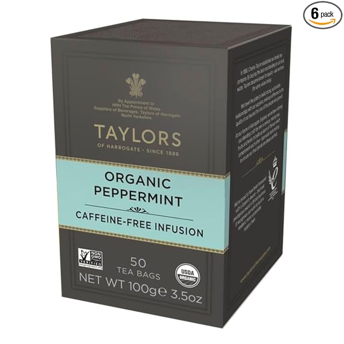 Taylors of Harrogate Organic Peppermint, Herbal Tea, Pillow Tea Bags, 50 Count (Pack of 6), Clean, Pure and Refreshing, Caffeine-Free, Enjoy Hot or Iced, 300 Teabags Total - Bloomnest