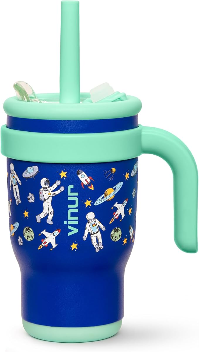 VINUR Kids Tumbler with Handle 14 oz Stainless Steel Double Wall Vacuum Insulated Tumbler with Lid and Straw, Leak Proof Water Cup for Travel (Astronaut) - Bloomnest