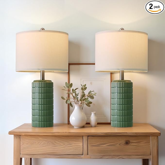 PoKat 24" Modern Ceramic Table Lamps Set of 2 for Bedroom, Green Bedside Lamps for Night Stands, Farmhouse House Decor Nightstand Table Lamps for Living Room End Table Green - Bloomnest