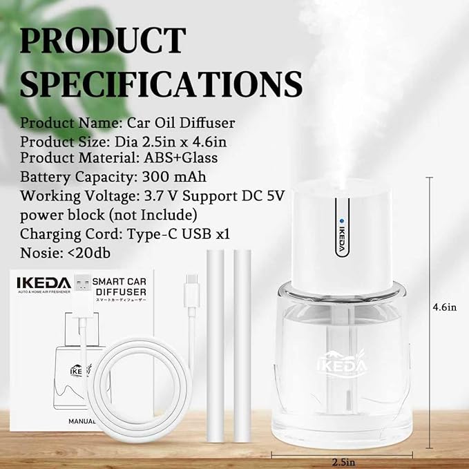 Ikeda Car Diffusers for Essential Oils,100ml Glass Car Essential Oil Diffuser, Smart Car Humidifier Diffuser, 3 Timers & 300 mAH Battery Operated Car Aroma Diffuser for Travel, Auto Shut-Off,White - Bloomnest