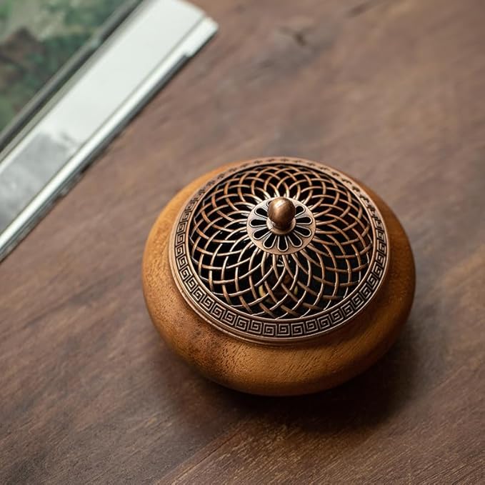 Round Incense Burner - Handcrafted Wooden Censer with Alloy Lid for Sticks/Cones/Sage, Natural Wood Aroma Tray Holder for Yoga Meditation