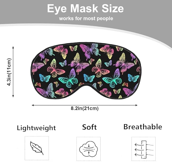 Rainbow Butterfly Sleep Mask Eye Mask Black Blue Pink Purple Butterfly Sleep Mask Light Blocking Adjustable Smooth Soft Eye Masks for Women Deep Rest Travel - Bloomnest
