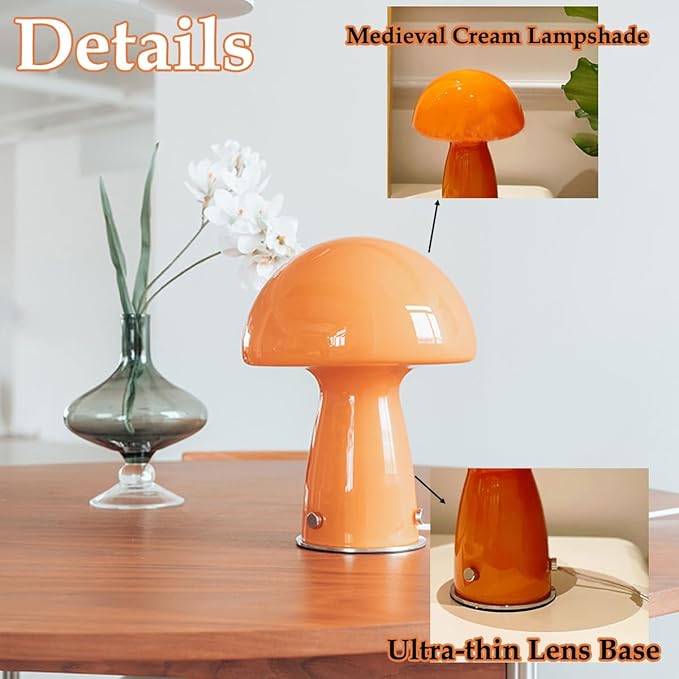 Cute Mushroom Lamp with Glass Lampshade,Small Orange Table Light,Dimmable Led Bedside Lamp,Mid Century Modern Desk Light for Living Room Bedroom - Bloomnest