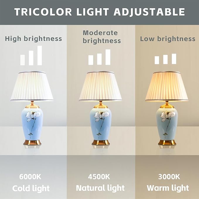 Blue Ceramic Table Lamp with White Fabric Lamp Shade Vintage Lamps with Flower and Bird Patterns，Traditional Home Decor Ceramic Table Lamp for Living Room Bedroom Nightstand Home Office - Bloomnest