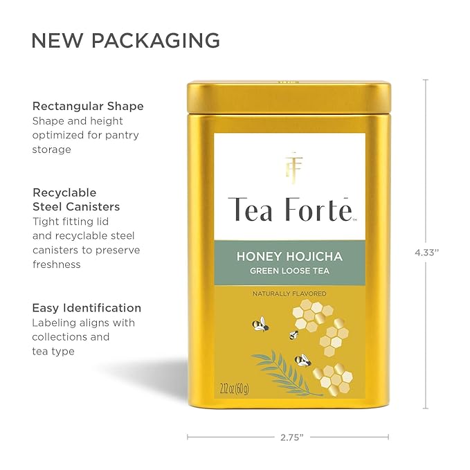 Tea Forte Honey Hojicha Premium Loose Leaf Caffeinated Green Tea Blend Canister, Makes 35-50 Cups