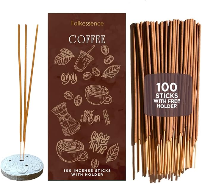 Folkulture Incense Sticks with Holder (100 Sticks)| Premium Coffee Incents Stick for Focus, Energy, Relaxation Gifts for Women | No Charcoal,Organic,Non Toxic, 45 Mins, Long Burning Insence-Sticks FOLKULTURE