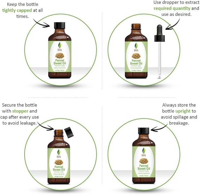 SVA Sweet Fennel Essential Oil – 4 Fl Oz – 100% Natural Fennel Oil - for Diffuser, Hair Care, Face, Skin Care, Aromatherapy, Scalp and Body Massage, Soap and Candle Making – with Dropper - Bloomnest