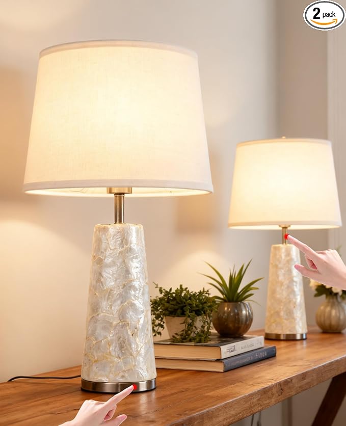 Coastal Table Lamps for Bedroom Nightstand Set of 2, Touch Control Ocean Beach Nautical Seashell Lamp, Modern Sea Shell Bedside Night Stands Light for Beachy Cottage Farmhouse Decor (Silver) - Bloomnest