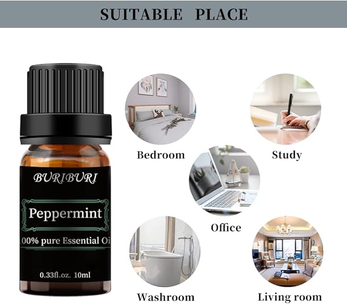 BURIBURI Peppermint Essential Oil 100% Pure, Undiluted, Natural, Organic Aromatherapy Mint Essential Oils 10ML for Diffuser, Soap Candle Making BURIBURI