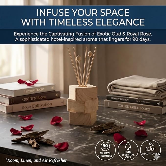 Oud Rose Reed Diffuser for Home, Luxury Hotel Collection Scent Inspired by Ritz Carlton, Long Lasting Fragrance, Minimalist Design, Bathroom Accessories/Bedroom Office Decor Gift, 3.34 Fl Oz - Bloomnest