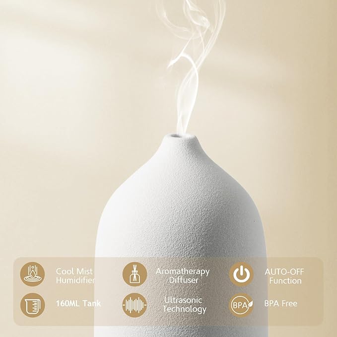 Diffuserlove Ceramic Diffuser 160ML Essential Oil Diffusers Aromatherapy Essential Oil Diffuser for Room Air Diffuser for Home Bedroom Stone Diffuser Black Wood Pattern Base (Size:6.8" H x 3.6" W) - Bloomnest