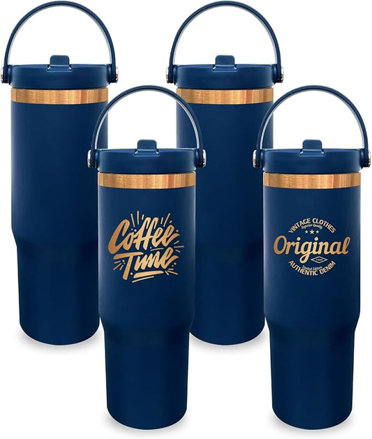 30 oz Tumbler with Handle, Double Wall Vacuum Insulated Tumblers with Flip Straw, Coffee Mug 30oz Powder Coated Cup for Hot and Cold Drinks(Copper Plated, Navy,4 pack)