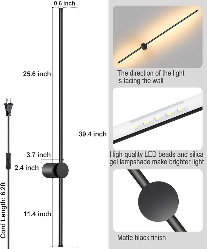 Wall Sconces Set of Two with Remote, Stepless Colors 3000K-6500K & Stepless Dimming, Hardwire or Plug-in, 180° Rotate, LED Black Plug in Wall Sconces with Timer & Night Light, 39.4 Inches - Bloomnest