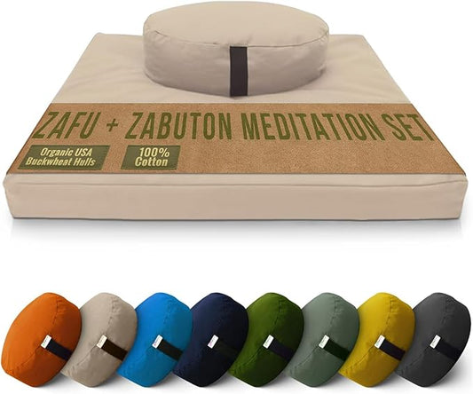 Bean Products Meditation Cushion Mat Set - Zafu Floor Pillow Organic Buckwheat Pillow + Cotton Filled Zabuton Prayer Pad - Meditation Pillow Yoga Knee Pad - Made in USA - 14" Round or 18" Oval - Bloomnest
