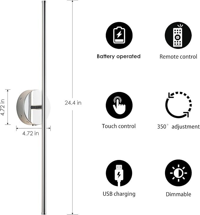 Battery Operated Wall Sconces with Remote Control, Dimmable Wall Sconces Set of Two, 350°Rotate, 3000K LED Chrome Wireless Wall Light for Living Room, Bedroom,Hallway, 24.4 Inch (2 Pack) - Bloomnest