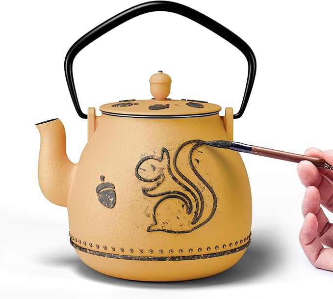 Toptier Teapot with Removable Infuser, Cast Iron Tea Kettle Stovetop Safe, Squirrel Design Tea Pot Coated with Enameled Interior for 32 Ounce (950 ml), Orange - Bloomnest
