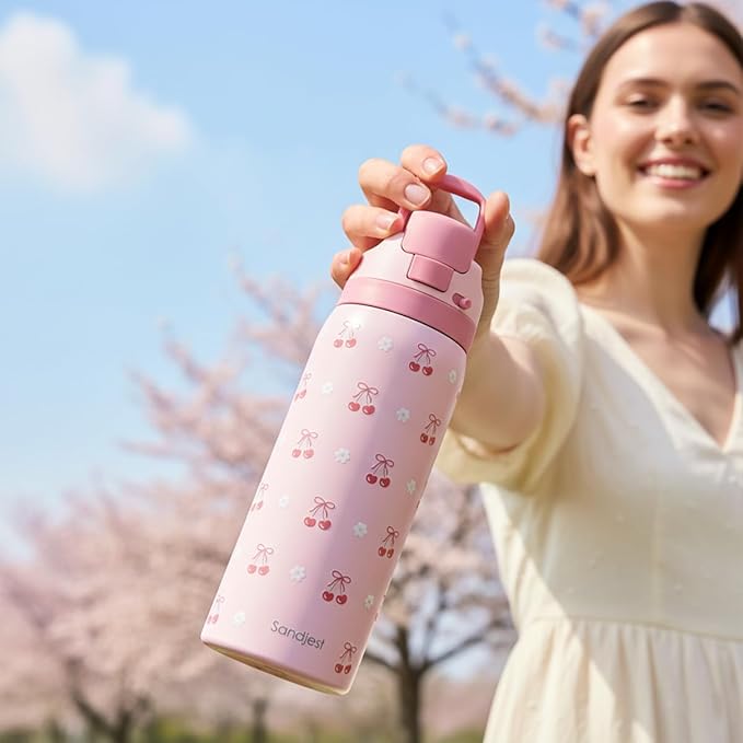 Cherry Insulated Stainless Steel Water Bottle with Straw for Sports and Travel, 32oz, Gifts for Women Girls Friends Teens Birthday Christmas - Bloomnest