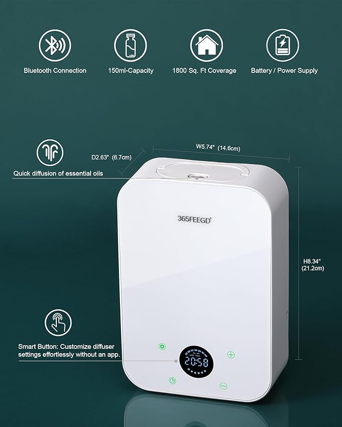 Waterless Essential Oil Diffuser - 150mL Smart Portable Bluetooth Diffuser | Dual-Power (Battery/AC) | Covers up to 1500 Sq Ft Home Aromatherapy - White(AC+Battery) - Bloomnest
