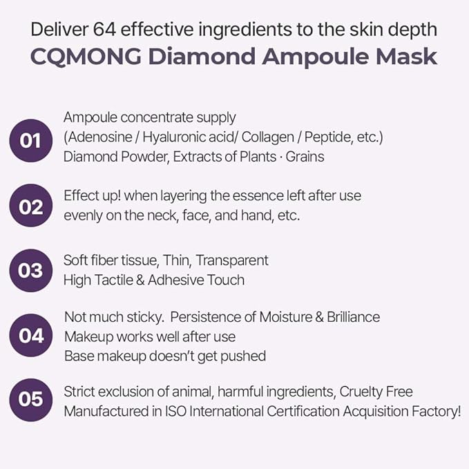 Diamond Ampoule Sheet Mask (30g x 10pcs), Korean Face Facial Masks, Glossy & Elastic Skin, Hydrating, Soothing, Nourishing, Collagen & Hyaluronic Acid, Smooth Sheet - Bloomnest