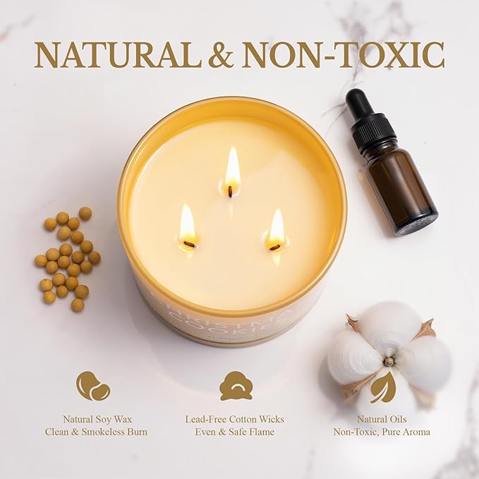 Christmas Cookie Candle, Large 3 Wick 12oz Soy Scented Candle, Luxury Christmas Birthday & Winter Holiday Gift for Women & Men, Long Lasting 60+ Hour Clean Non-Toxic Burn, Elegant Winter Home Decor - Bloomnest