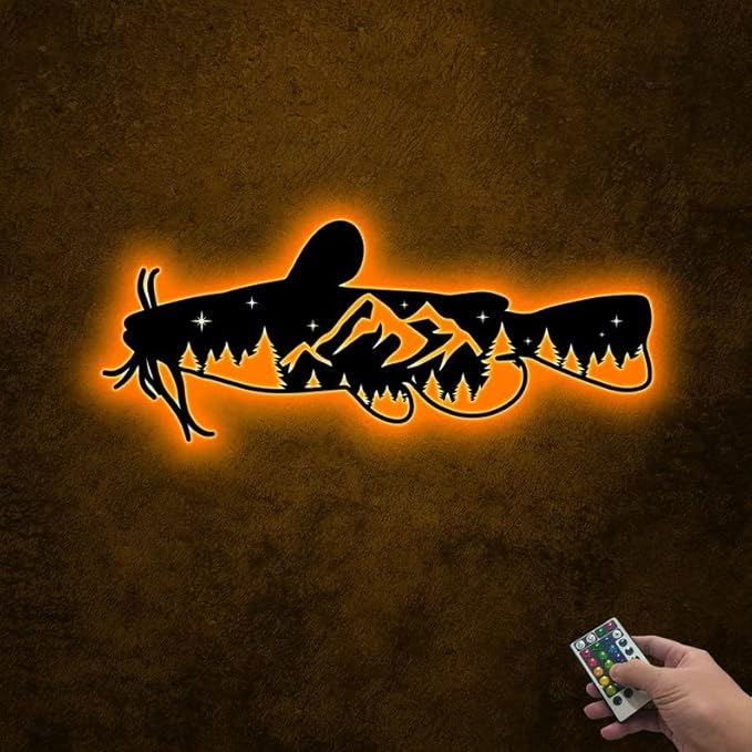 Personalized Neon Sign, Catfish Mountain Metal Wall Art Led Light, Fishing Gifts for Men, Gift for Dad, Fish and Trees Sign, Cabin Lodge Decor, Fisherman Gift - Bloomnest