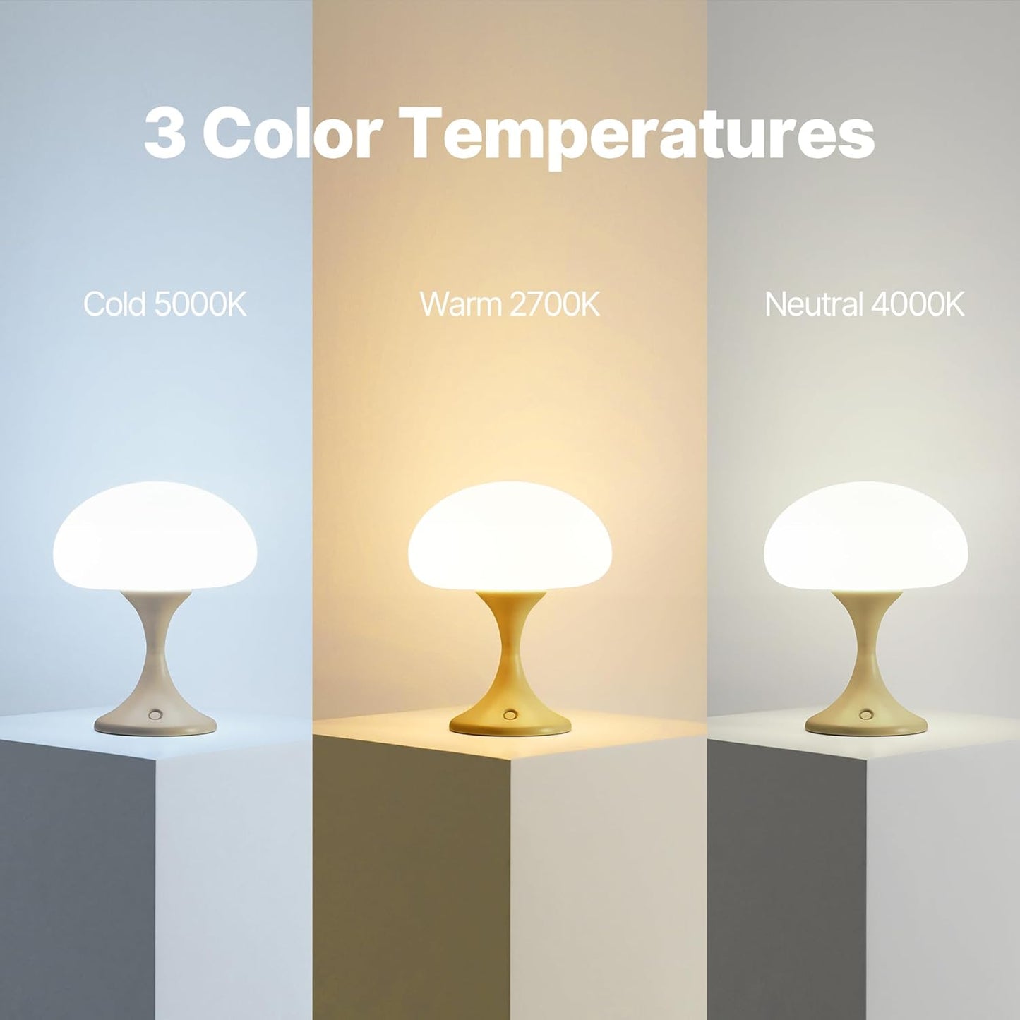 Mushroom Lamp, 5W LED Cordless Rechargeable Table Lamp with Glass Shade, Small Retro Dimmable Touch Light with 3 Color Temps, Aesthetic Mid Century Bedside Light for Bedroom Ambient, Mustard