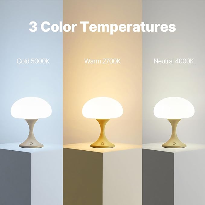 Mushroom Lamp, 5W LED Cordless Rechargeable Table Lamp with Glass Shade, Small Retro Dimmable Touch Light with 3 Color Temps, Aesthetic Mid Century Bedside Light for Bedroom Ambient, Mustard - Bloomnest