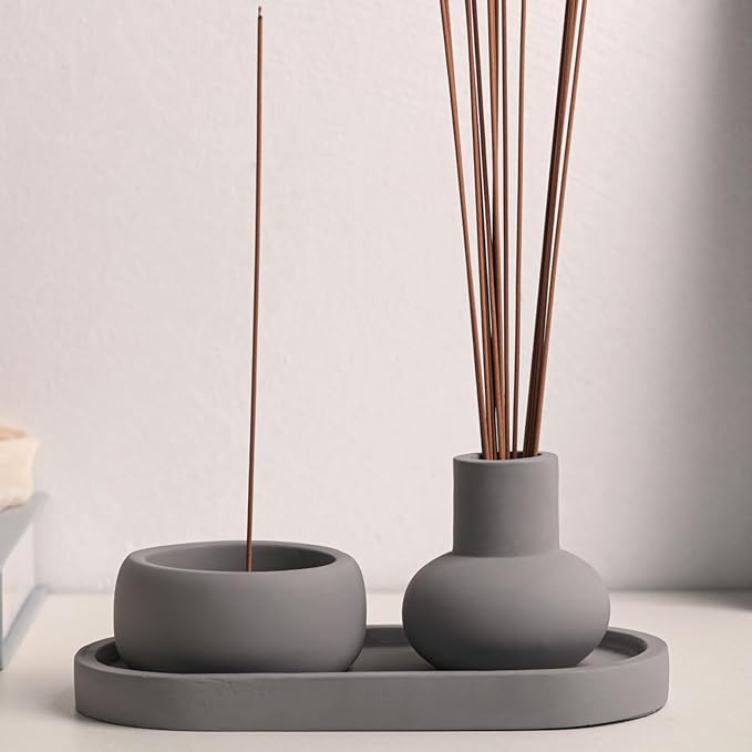 Concrete Incense Burner Set with Holder and Tray,Multifunction Incense Holder for Burning Sage,Palo Santo,Incense Sticks,Ideal for Meditation Home Decor(Grey) - Bloomnest