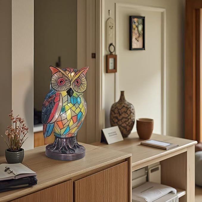 Tiffany Style Owl Table Lamps - Hand-Drawn Vintage Resin Colorful Tiffany Owl Lamp for Bedroom Living Room Nursery Office, Whimsical Animal Desk Lamp, Unique Gift for Mom. - Bloomnest