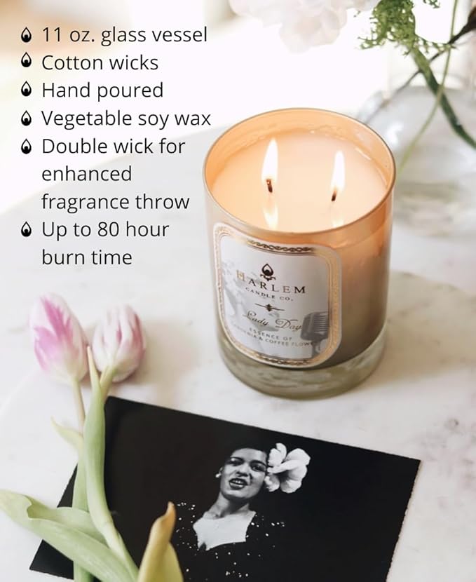 HARLEM CANDLE CO. Lady Day - Luxury Scented Soy Candle, 11 oz - 80-Hour Burn Time | Gardenia, Jasmine, Lush Green Leaves, Neroli Blossom, and Coconut Milk | Scented Candles for Home - Bloomnest