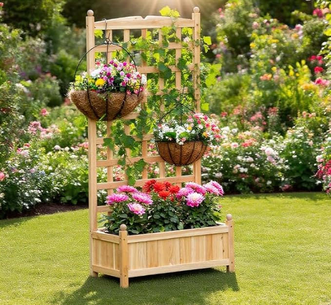 Wooden Raised Garden Planter Box with Trellis, 49.25" Height Flower Shelf Outdoor Plant Stand with Drainage, for Climbing Plants, Vegetables, Herbs, Natural Wood - Bloomnest