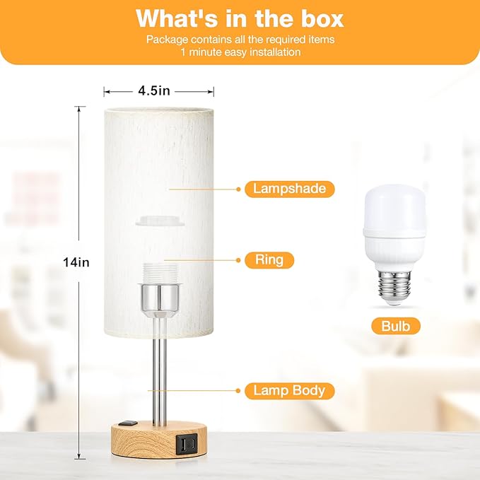 Fenmzee Bedside Table Lamp for Bedroom - 3 Way Dimmable Touch Lamp USB C Charging Ports and AC Outlet, Small Lamp Wood Base Round Flaxen Fabric Shade for Living Room, Desk, LED Bulb Included - Bloomnest