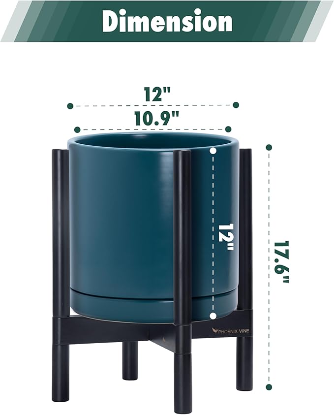 D'vine Dev Ceramic Planter with Ebony Stand - 12 Inch Modern Round Flower Pot with Wood Planter Holder, Teal, 55-B-H-4 - Bloomnest