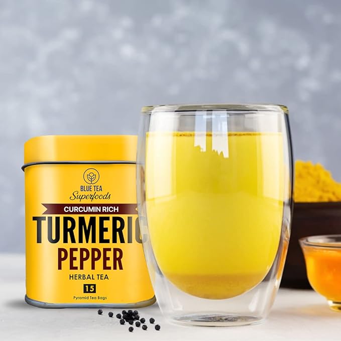 BLUE TEA - Turmeric Tea - Pepper - 15 Count - Pyramid Plant Based Tea Bag | CURCUMIN RICH - HERBAL BLEND | Caffeine Free - Gluten Free - Herbal Tea - Earthy Flavor - Healthy | Tin Pack - Bloomnest