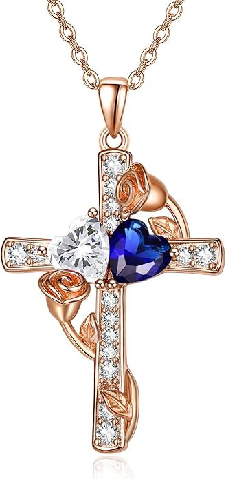 Rose Gold Dual Birthstones Cross Necklace for Women Rose Flower Jewelry Anniversary Christmas Mother's Valentine's Day Birthday Gift for Wife Girlfriend Mom - Bloomnest
