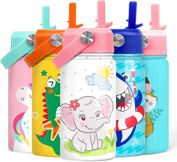 Elephant Water Bottle - Kids Water Bottle with Straw Lid - 12 Oz Insulated Stainless Steel Water Bottles for Kid Girl - Travel Cup for School Sports - Bloomnest