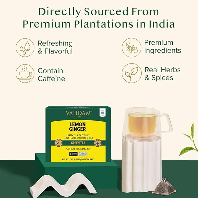 VAHDAM, Lemon Ginger Tea Bags (100 Green Tea Bags) Low Caffeine | Fruity Flavor - Zesty Lemon & Ginger, Orange Peel | Resealable Ziplock Pouch | Brew Hot or Iced Tea - Bloomnest