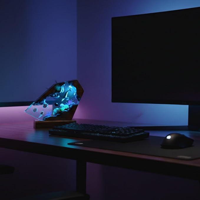 Handmade 3D Ocean Resin Lamp, Epoxy Ocean Night Light with Wooden Base, LED Color Changing Table Lamp, USB Powered Dragons Decor, Unique Ocean Gift for Bedroom & Home Office (Penguin) - Bloomnest