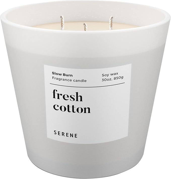 Hidden Label Large Scented Candle, Fresh Cotton, 30oz 3 Wick Huge Candle, Serene Collection Slow Burn Natural Soy Candles for Home Scented - Bloomnest