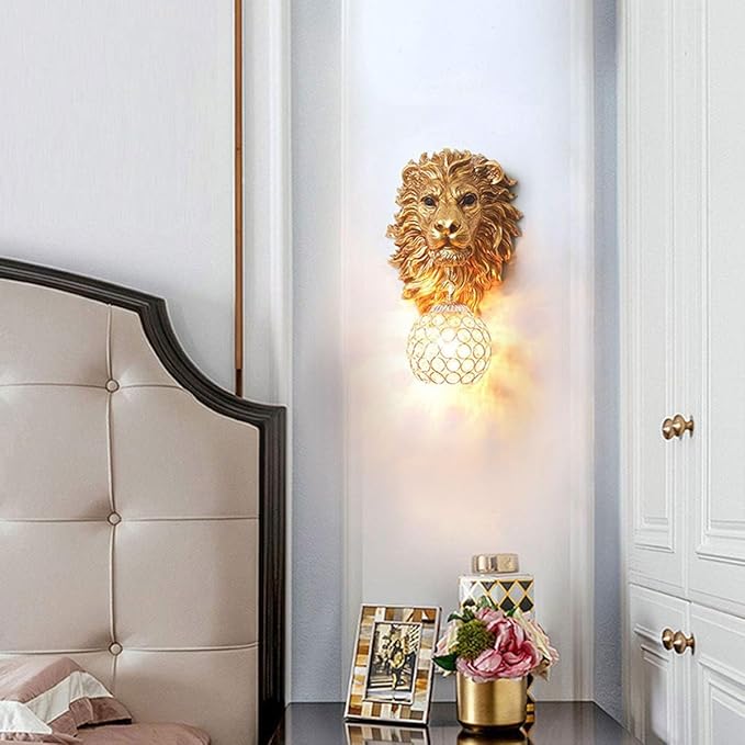 Vintage Wall Sconces Set of Two, Gold Lion Sconces Wall Decor Set of 2, Decorative Resin Animal Wall Light with Crystal Beaded Shade, Luxury Wall Lamp for Living Rooom Bedroom Hallway Stairway - Bloomnest